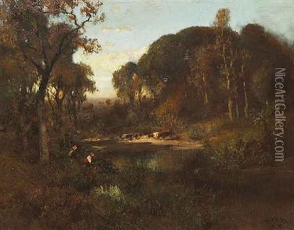 Cattle Watering At Dusk Oil Painting - William Keith