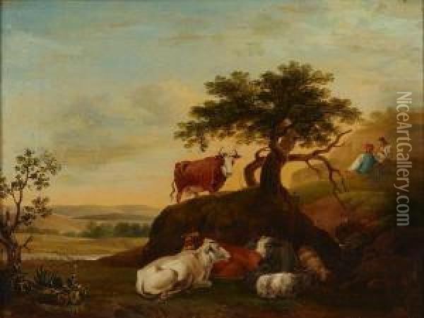 Cattle, Goats And Shepherds Resting On A Hillside Oil Painting - Paulus Potter