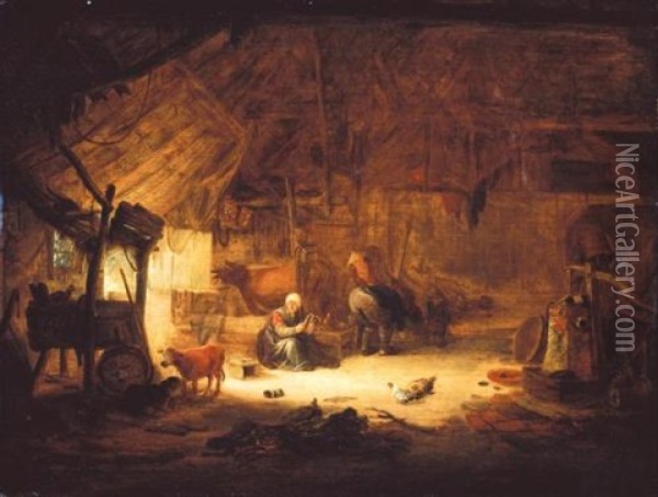 The Interior Of A Barn With Figures And Animals Oil Painting - Isaac Van Ostade