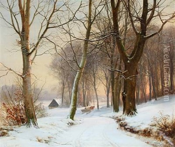 Winter Landscape At Sunrise Oil Painting - Anders Andersen-Lundby