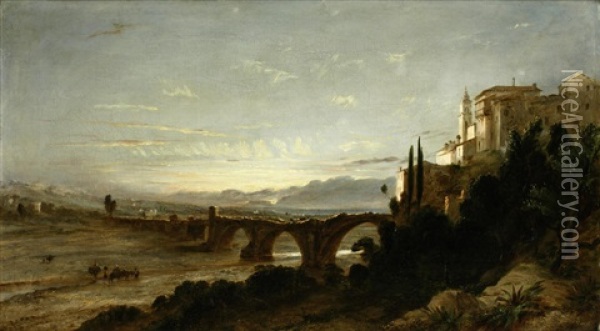 River Landscape With Italianate Buildings, A Stone Viaduct And Figures Oil Painting - Hopkins Horsley Hobday Horsley