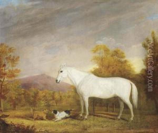A White Hunter And Two Terriers In A Landscape Oil Painting - John Pitman