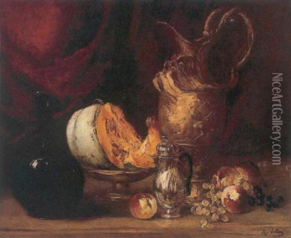 Still Life Of Fruit And Vessels Before A Draped Curtain Oil Painting - Antoine Vollon