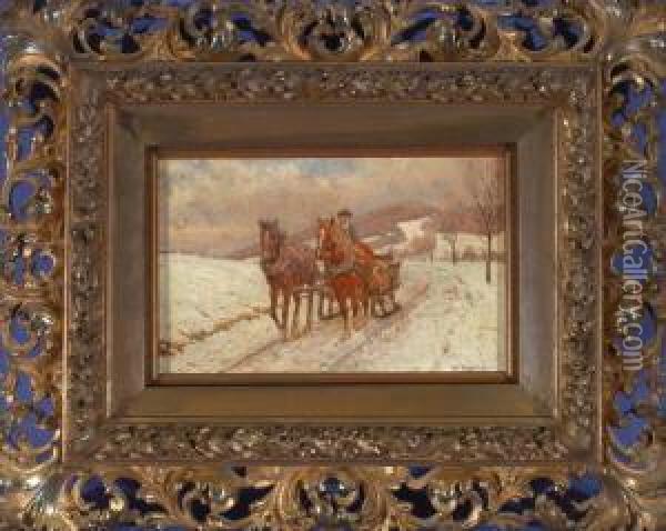 Pferdeschlitten In Winterlandschaft Oil Painting - Hermann Reisz
