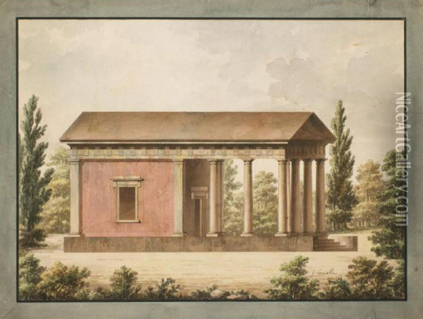 Prospetto Di Un Edificio A Tempio, Parte Del Decoro Di Un Giardino Oil Painting - Giuseppe Cacialli