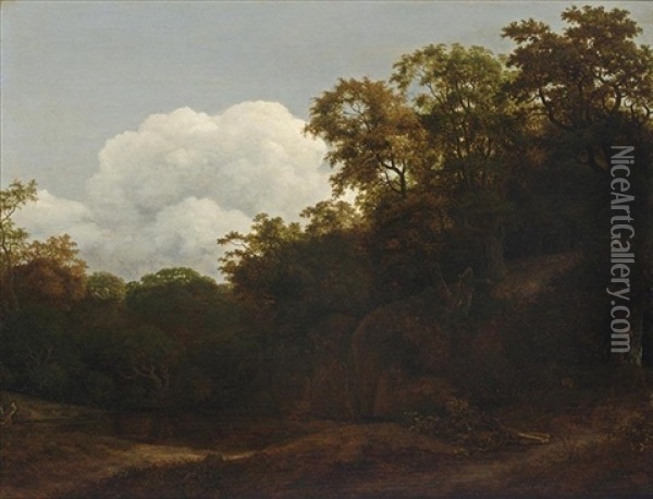 A Wooded Landscape With A Waterfall Ending In A Forest Pond Oil Painting - Cornelis Hendriksz Vroom