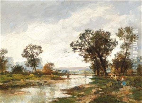 Clouds Over A River Landscape Oil Painting - Adolf Kaufmann