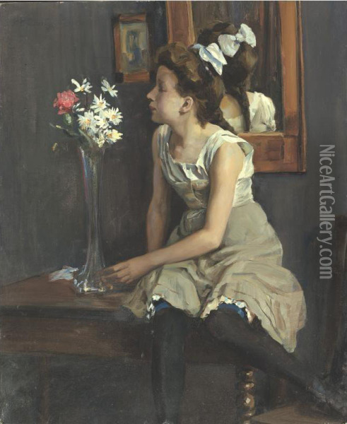 Girl In The Studio With Flowers Oil Painting - Erich Hennig