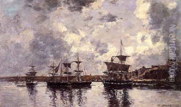Camaret, Three Masters Anchored in the Harbor Oil Painting - Eugene Boudin