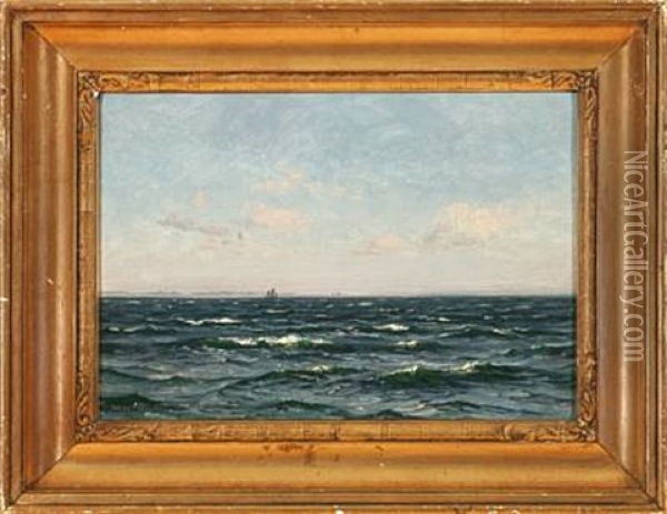 Marine In Calm Weather, In The Background A Sailing Ship Near A Coast Oil Painting - Vilhelm Karl Ferdinand Arnesen