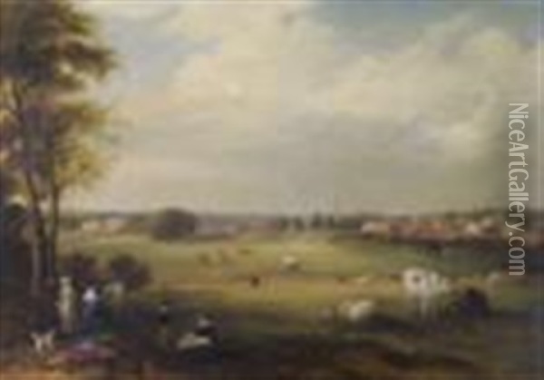 The Outskirts Of Melton Mowbraym, A Young Boy Flying A Kite, A Lady Painting At Her Easel And Other Figures Oil Painting - Sarah Ferneley