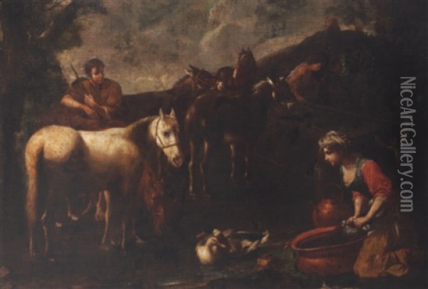 Herdsmen Watering Horses And Donkeys At A Trough, With A Woman Washing Oil Painting - Tommaso Salini