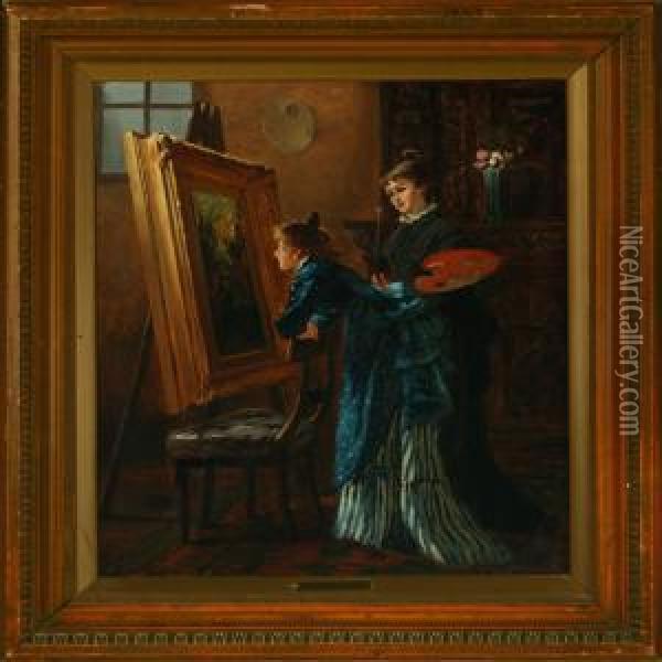 Two Young Women At The Easel Oil Painting - Vilhelm J. Rosenstand