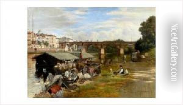 Le Pont-vieux A Montauban Ou Bateau-lavoir Sur Le Tarn Oil Painting - Abel Boulineau