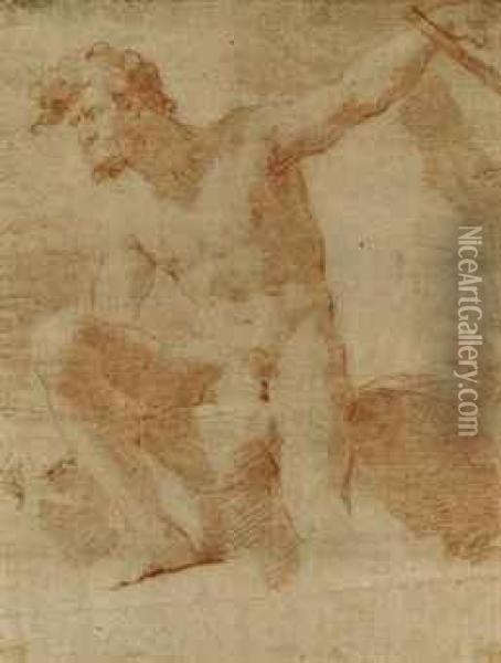An Academic Male Nude, Seated On A Rock, Leaning To The Left Oil Painting - Ubaldo Gandolfi