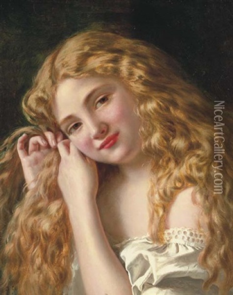 A Young Girl Braiding Her Hair Oil Painting - Sophie Anderson