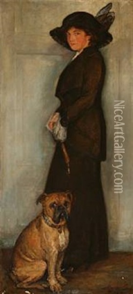 Portrait Of Maud Gudme, Nee Ree, With Her Dog Oil Painting - Mogens Gad