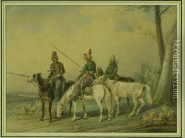 French Or Turkish Cavalry In A Landscape Oil Painting - Noel-Dieudonne Finart