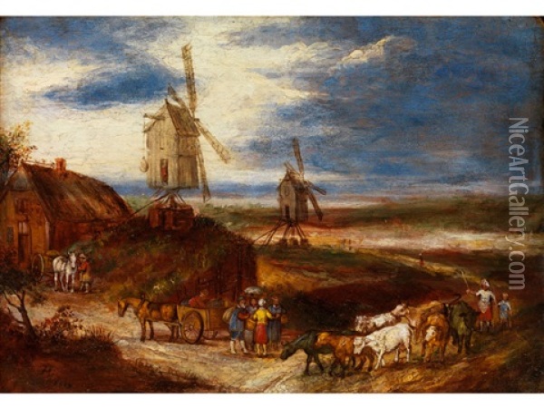 Kleine Dunenlandschaft Mit Bauern Zwischen Pferdekarren Und Rindern Beim Heimtrieb Oil Painting - Jan Peeter Brueghel