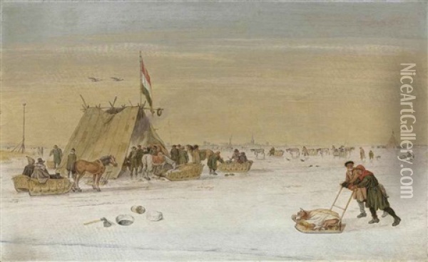 A Winter Landscape With Figures On The Ice By A Koek-en-zopie Tent Oil Painting - Hendrick Avercamp