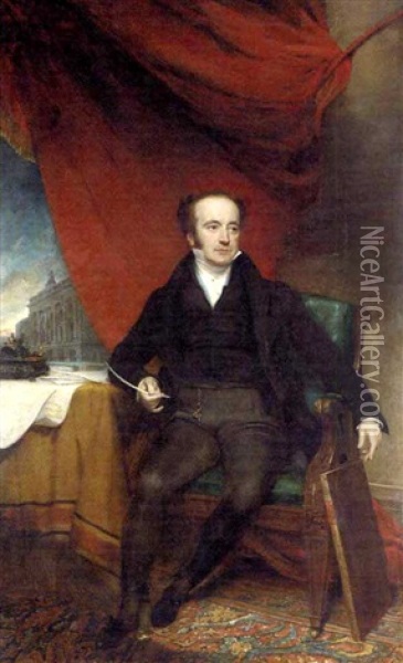 Portrait Of John Thomas Barber Beaumont In A Black Coat By A Table With An Inkstand And Documents, The County Fire Hall Beyond Oil Painting - Henry William Pickersgill