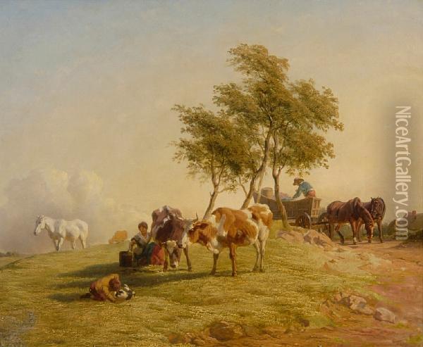 Rural Scene With Cows, Figures And Horses Oil Painting - Henry Brittan Willis