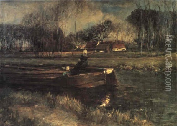 A Barge On A Canal Oil Painting - Willem Roelofs
