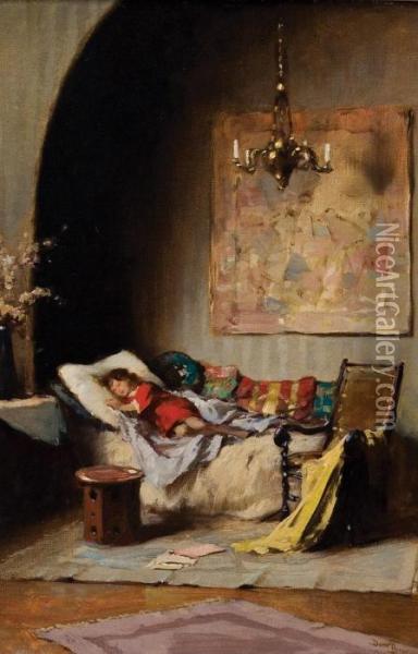 Slapend Meisje In Een Binnengezicht Oil Painting - David Oyens