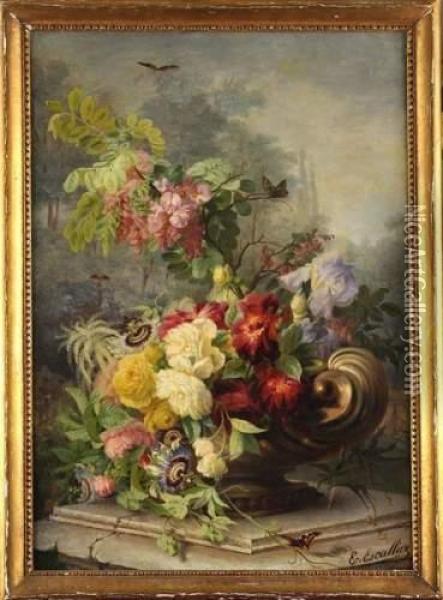 Composition Florale Sur Un Entablement Oil Painting - Eleonore Escallier