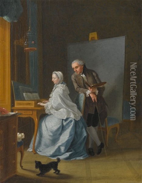 The Artist And His First Wife Marie Sophie At The Spinet Oil Painting - Johann Heinrich Tischbein the Elder
