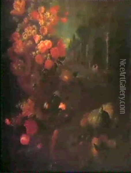 Ein Grosses, Dekoratives Stilleben Mit Blumen In Einer      Prunkvase, Mit Kurbissen, Pfirsichen Und Einem Papagei... Oil Painting - Abraham Brueghel