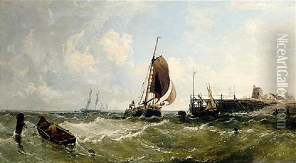 Shipping Off The Needles, Isle Of Wight Oil Painting - James E. Meadows