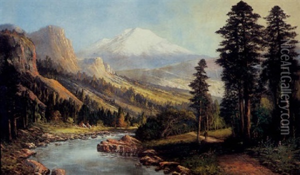 An Encampment Along A River Near Mount Shasta Oil Painting - Joseph John Engelhardt