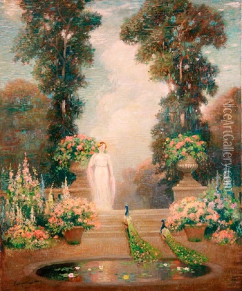 Allegorical Figure In A Blooming Garden With Peacocks Oil Painting - Edmund Henry Garrett