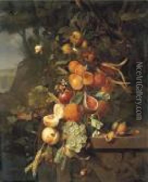 Peaches, Apricots, Grapes, 
Oranges, Blackberries, Sheafs Of Corn And A Pomegranate On A Plinth With
 A Sculpted Relief, With Butterflies, A Snail And A Ladybird, In A 
Mountainous Landscape Oil Painting - Jan Mortel