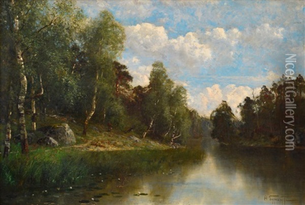Lanscape With River Oil Painting - Fedor Karlovich Burkhardt