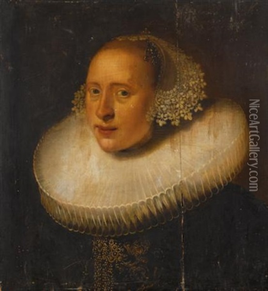 Portrait Of A Woman Wearing A White Ruff And Lace Collar (in 2 Parts) Oil Painting - Jan Anthonisz Van Ravesteyn