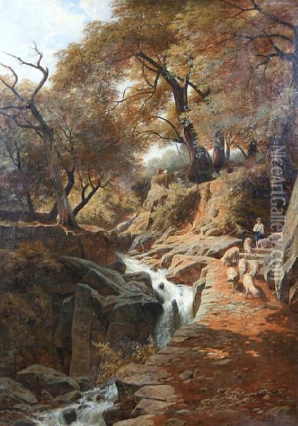 Young Shepherd Boy With Flock By A Rocky Woodland Stream Oil Painting - Alfred Zoff