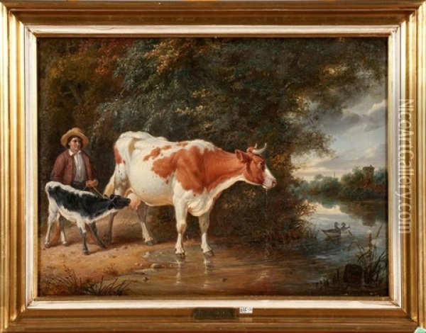 Vacher Et Ses Betes Au Bord De L'eau Oil Painting - Eduard Karl Gustav Lebrecht Pistorius
