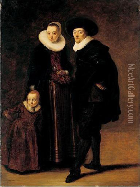 Portrait Of A Married Couple With Their Son, Full-length Standing Oil Painting - Gerrit van Donck