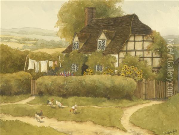 Wash Day, A Timbered Cottage With Sunflowers And Poultry Oil Painting - Christopher Hughes
