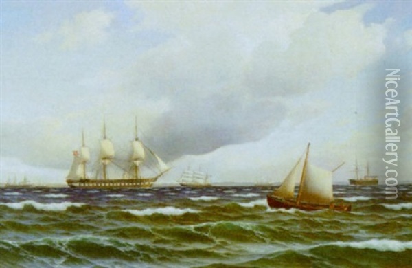 Marine Med Talrige Sejlskibe Og Damper Pa Havet, Hvorover Tunge Regnskyer Oil Painting - Carl Emil Baagoe