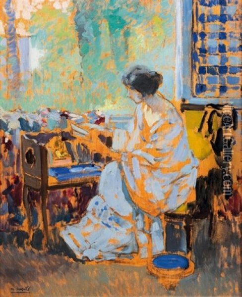 Femme A La Lettre Oil Painting - Ulisse Caputo