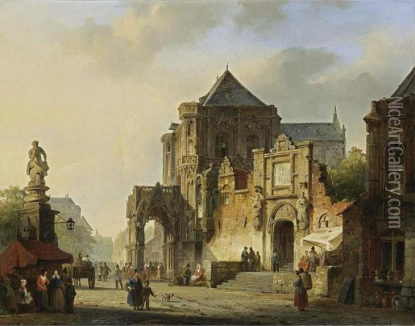 A View Of A Market Square Oil Painting - Cornelis Springer