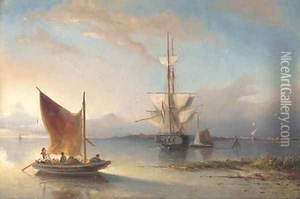 A Dutch merchantman drying her sails in the estuary Oil Painting - Nicolaas Riegen