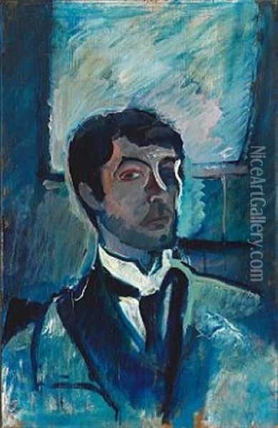 Selvportraet I Blaat Under Tagvindue (self Portrait In Blue Under A Skylight) Oil Painting - Harald Giersing