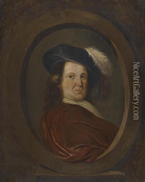 Self Portrait, Head And Shoulders, Set In A Stone Cartouche Oil Painting - Pieter Molijn