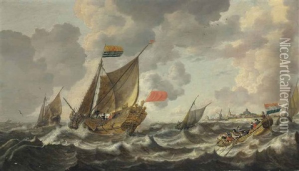 A Rowing Vessel Approaching A Zeeland States Yacht Firing A Salute, In Choppy Sees Off Vlissingen, With Other Shipping Beyond Oil Painting - Bonaventura Peeters the Elder