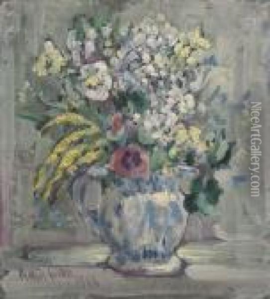 Flowers In A Blue And White Vase Oil Painting - Harry Phelan Gibb