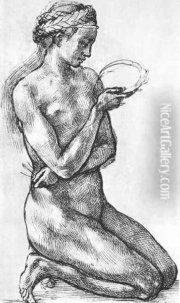 Nude Woman on her Knees Oil Painting - Michelangelo Buonarroti